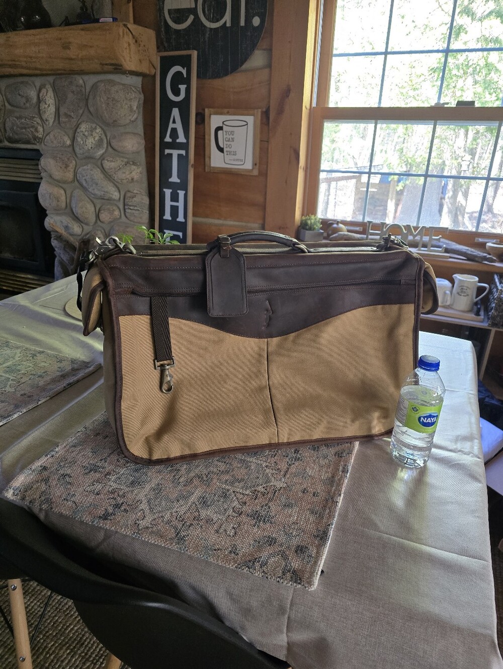 Men's Brown and Tan Geuine Leather And Canvad  Travel Garnment Bag